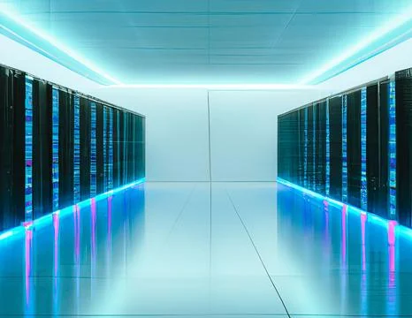 3D render of a network server room exchanging cyber data and internet connection Stock Illustration