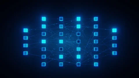 3D render Neural Network Architecture with Glowing Blue Cubes Stock Footage 329180371