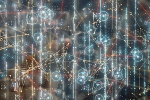 3D render of a Neural network. Big data and cybersecurity with blurred fingers w Stock Illustration