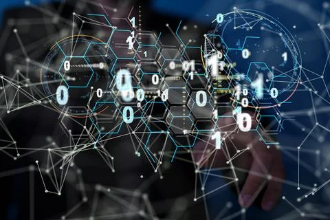 3D render of a Neural network. Big data and cybersecurity with blurred fingers w イラスト素材