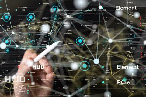 3D render of a Neural network. Big data and cybersecurity with blurred fingers w Stock Photos