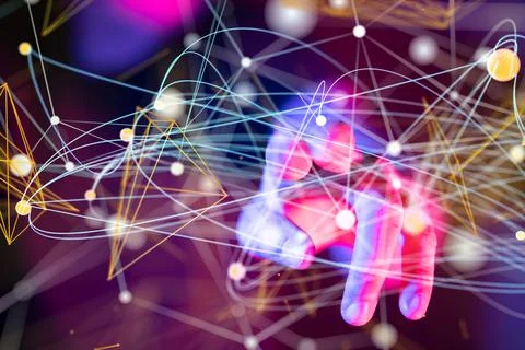 3D render of a Neural network. Big data and cybersecurity with blurred fingers w Stock Photos