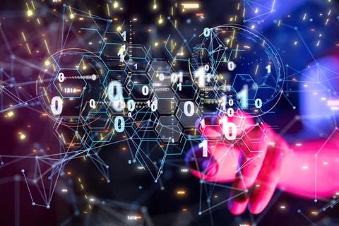 3D render of a Neural network. Big data and cybersecurity with blurred fingers w Stockfoto's