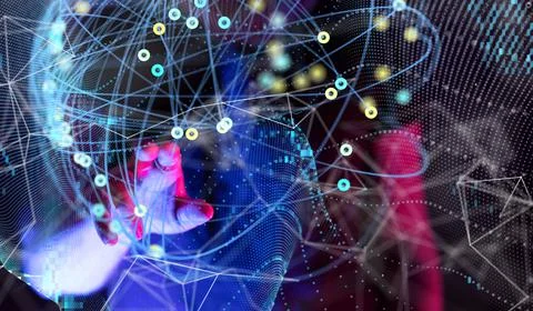 3D render of a Neural network. Big data and cybersecurity with blurred fingers w Stock Photos