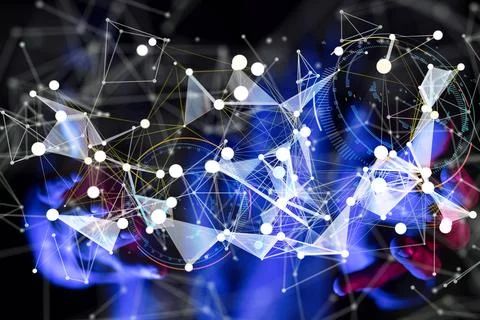 3D render of a Neural network. Big data and cybersecurity with blurred fingers w Stock Photos