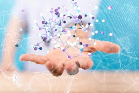 3D render of a Neural network. Big data and cybersecurity with blurred fingers w Stock Photos
