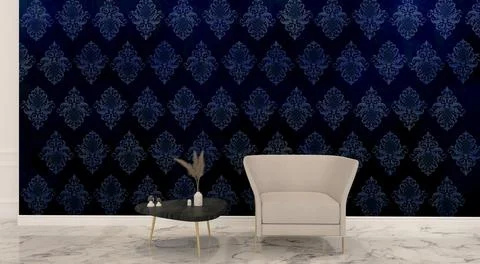 3d render of a new concept of vintage wallpapers combined with modern furniture Illustrazione stock