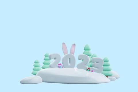 3d render. new year 2023. Rabbit ears on a figure in the forest Stock Illustration