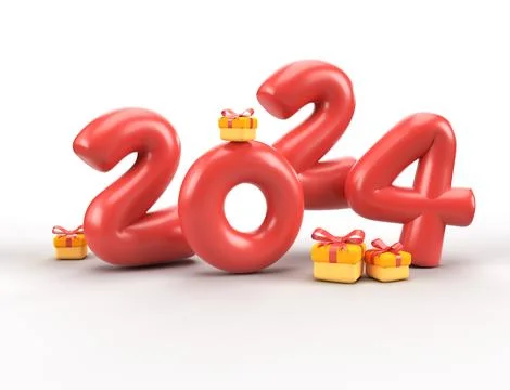 3d Render New Year 2024 with gift box isolated over clear background.,2024 .. Ilustração Stock