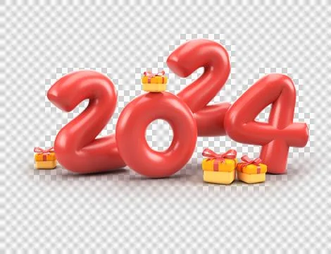 3d Render New Year 2024 with gift box isolated over clear background.,2024 .. Stock Illustration