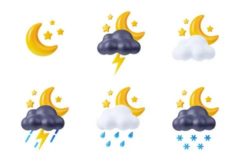 3d render night weather icons, crescent and stars Stock Illustration
