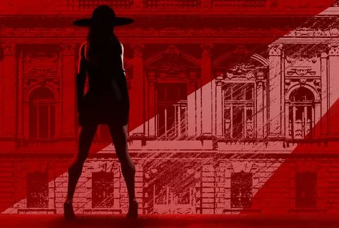 3d render noir illustration of lady in black dress and hat on street. Stock Illustration