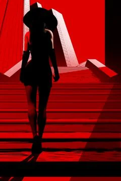 3d render noir illustration of lady in black dress and hat. Stock Illustration