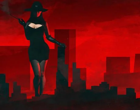 3d render noir illustration of lady in black dress and hat. Stock Illustration