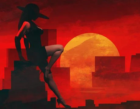 3d render noir illustration of lady in black dress and hat. Stock Illustration