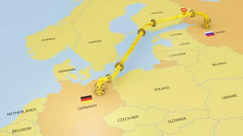 3D Render of Nord Stream 2 gas pipeline emerging on map of Europe connecting Stock Illustration