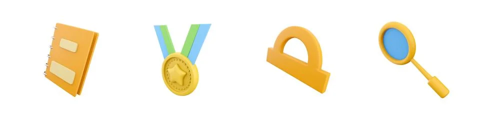 3d render notebook, award, ruler, magnifier icon set on white background. 3d Stock Illustration