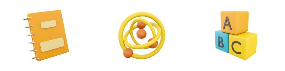 3d render notebook, chemical circle, cubics icon set on wjite background. 3d Stock Illustration