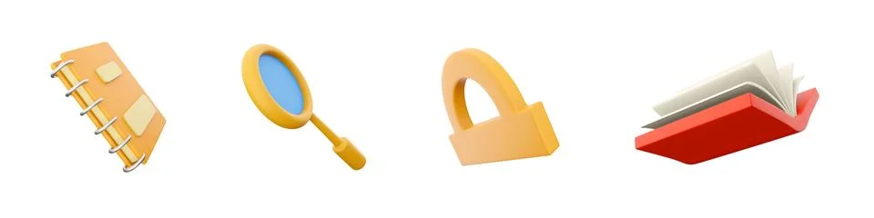 3d render notebook, magnifier, ruler, book icon set on white background. 3d Stock-Illustration