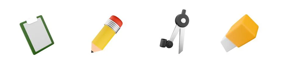 3d render notebook, pencil, compasses, eraser icon set on white background. 3d Stock Illustration