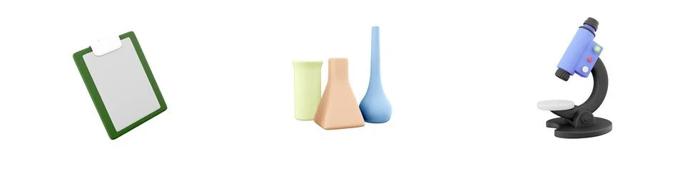 3d render notes, tubes, microscopes icon set on white background. 3d rendering Stock-Illustration