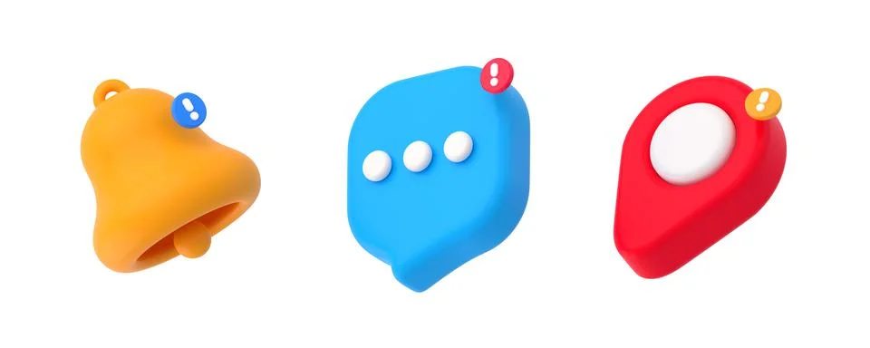 3d render notification bell, message and map pin Stock Illustration