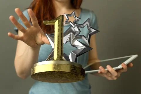 3D render of the number 1 on a trophy being manipulated by a person in a hologra 스톡 사진