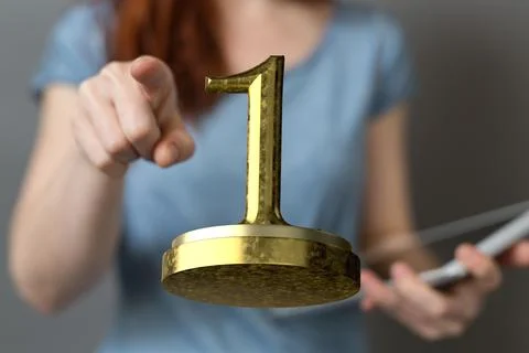 3D render of the number 1 on a trophy being manipulated by a person in a hologra 스톡 사진