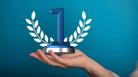 3D render of the number 1 on a trophy being manipulated by a person in a hologra 스톡 사진