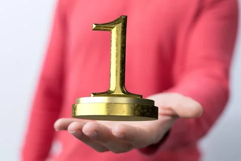 3D render of the number 1 on a trophy being manipulated by a person in a hologra 스톡 사진