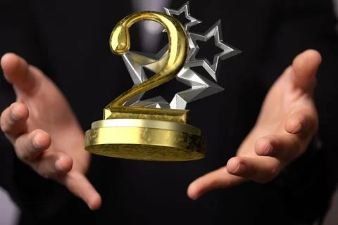 3D render of the number 2 on a trophy being manipulated by a person in a hologra 스톡 사진
