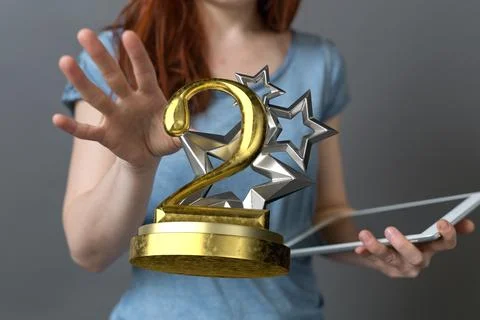 3D render of the number 2 on a trophy being manipulated by a person in a hologra 스톡 사진