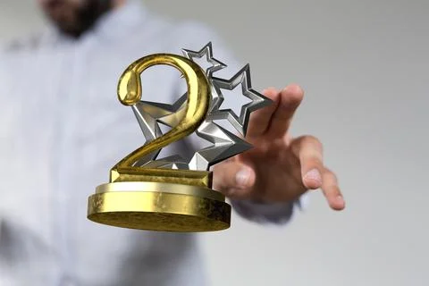 3D render of the number 2 on a trophy being manipulated by a person in a hologra 스톡 사진