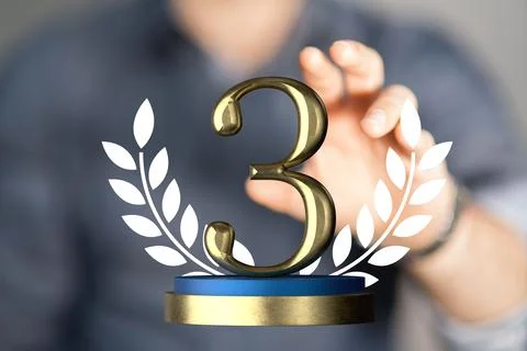 3D render of the number 3 on a trophy being manipulated by a person in a hologra 스톡 사진