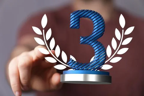 3D render of the number 3 on a trophy being manipulated by a person in a hologra 스톡 사진