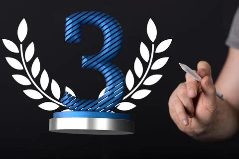 3D render of the number 3 on a trophy being manipulated by a person in a hologra 스톡 사진