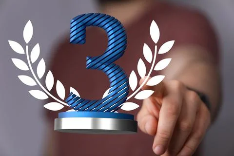 3D render of the number 3 on a trophy being manipulated by a person in a hologra 스톡 사진