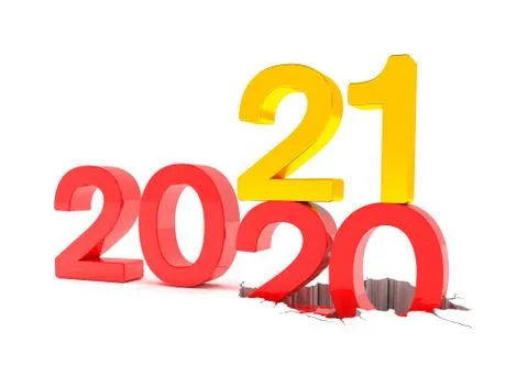 3d render of the numbers 2020 and 21 in red and gold over white background Stockillustratie