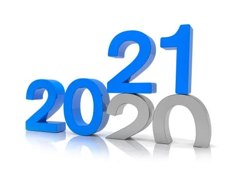 3d render of the numbers 2020 and 21 in blue over white background Illustrazione stock