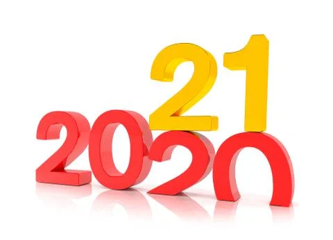 3d render of the numbers 2020 and 21 in red and gold over white background Stockillustratie