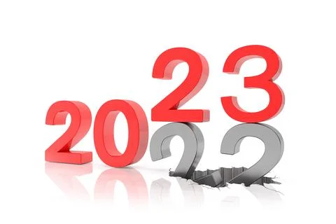 3d render of the numbers 2022 and 23 in red over white reflecting background. イラスト素材