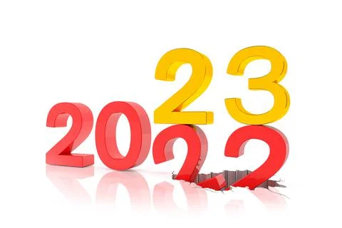 3d render of the numbers 2022 and 23 in red and gold over white reflecting ba Stock Illustration