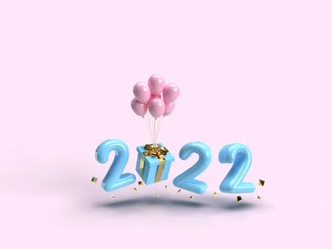 3d render of numbers 2022 New Year. Blue realistic signs and pink balloons o Stock Photos