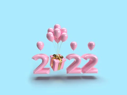 3d render of numbers 2022 New Year. Pink realistic signs and pink balloons a Stock Photos