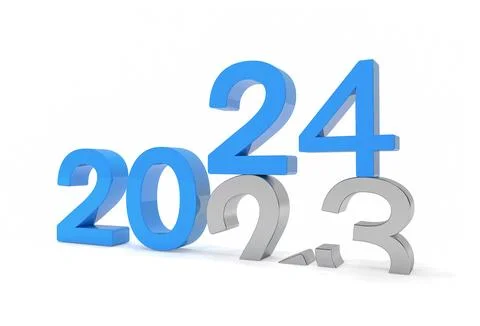 3d render of the numbers 2024 and 23 in blue and silver over white background Stock Illustration