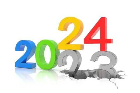 3d render of the numbers 2024 and 23 in colorful over white reflecting back.. Stock Illustration