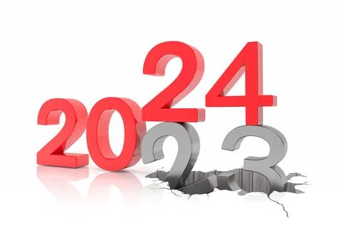 3d render of the numbers 2024 and 23 in red and silver over white reflectin. Stock Illustration