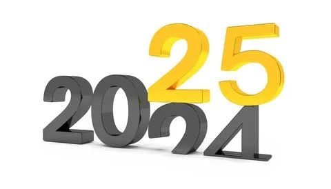 3d render of the numbers 2025 and 24 in black and gold over white background. Ilustração Stock