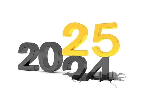3d render of the numbers 2025 and 24 in black and gold over white background. Stock Illustration