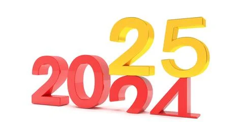 3d render of the numbers 2025 and 24 in red and gold over white background. Ilustração Stock